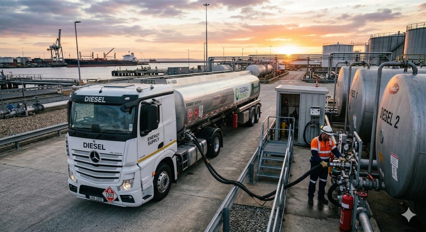 Diesel tanker on the road at sunset